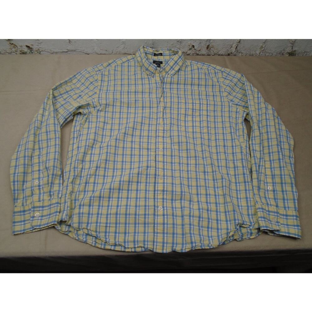 J. Crew Flex Washed Shirt Mens XL Blue Plaid Slim Untucked Long Sleeve Button Up